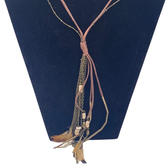 Target Brown Chains Feather Beads Southwestern Boho Necklace 28” Long Layered - Picture 2 of 10